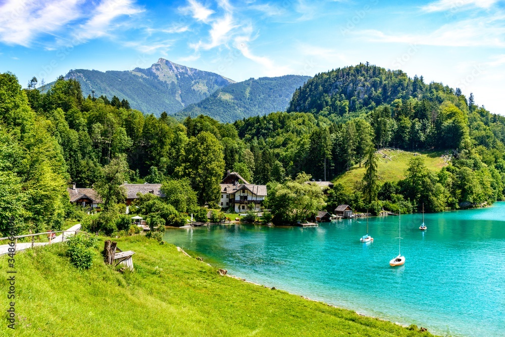 Fototapeta premium Wolfgangsee lake by in St Gilgen. Salzkammergut, Salzburg, Austria