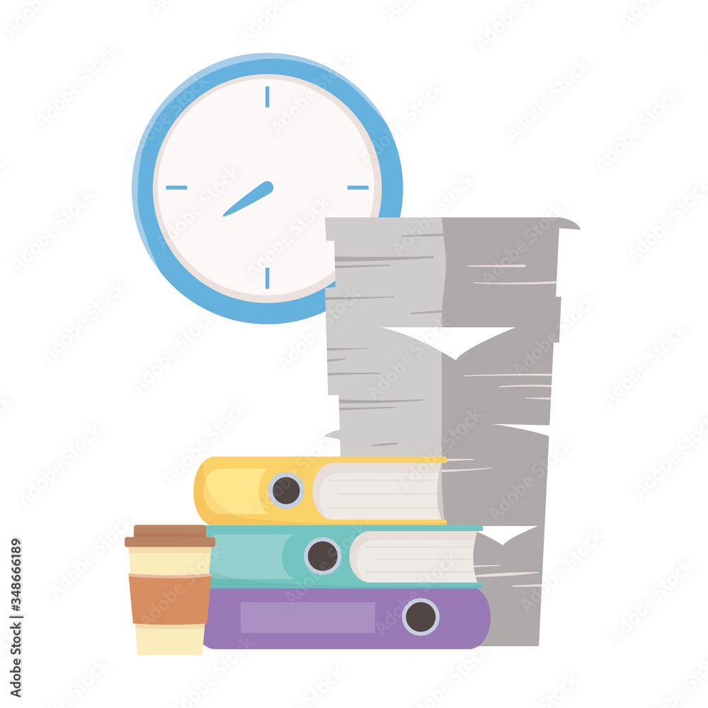 stress at work, pile of papers binders coffee cup and clock stress at work, pile of papers binders coffee cup and clock