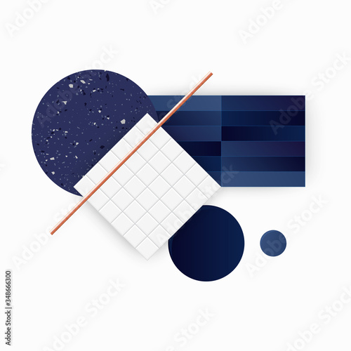 Blue and white material samples. Architecture and interior designer choice. Modern background with ceramic tiles and terrazzo. Vector illustration isolated on white background, EPS 10
