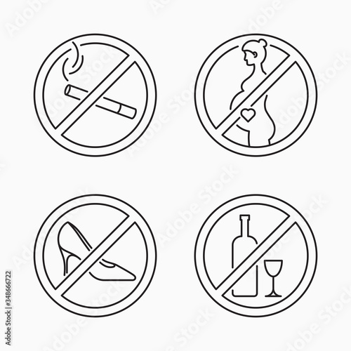 Set of sign. No smoking area, no alcohol, no high heels, no access for pregnant woman. Line icons, editable stokes. Vector illustration isolated on white background