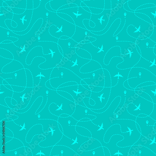 Seamless pattern with plane paths and geotags. Green travel background. Vector illustration.