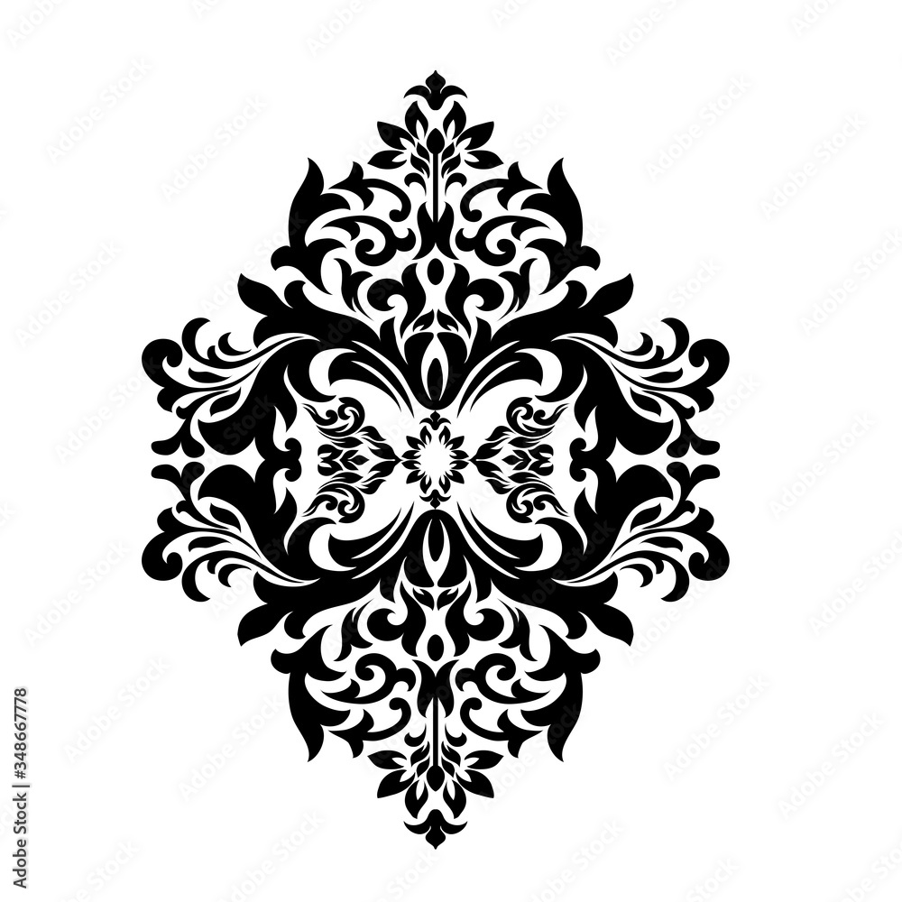 Damask white and black ornament.Traditional pattern.Decorative element eastern tracery.Floral ,victorian,baroque,Indian design. Texture for arabic wallpapers.