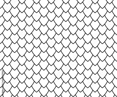 Fish, mermaid, dragon, snake scales. Black and white geometric pattern. Black and white minimal background. Kids abstract texture. Background for your design. Vector illustration.