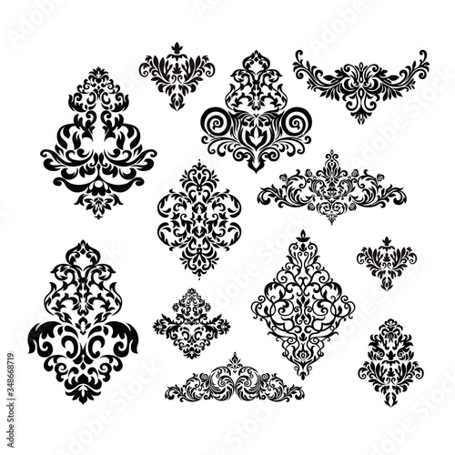 Damask white and black ornament.Traditional pattern.Decorative element eastern tracery.Floral ,victorian,baroque,Indian design. Texture for arabic wallpapers.