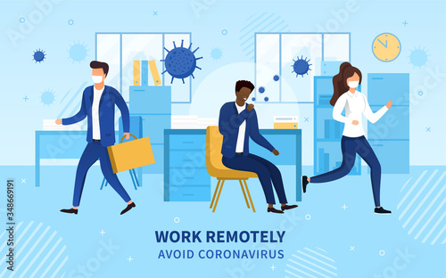 Work Remotely concept with workers fleeing an office as a colleague sits at his desk coughing infectious coronavirus molecules into the air, colored vector illustration