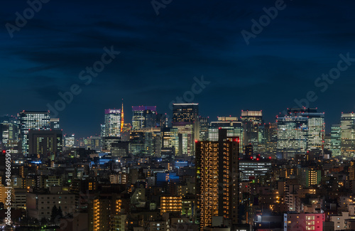 Aerial night panoramic view of the skyscrapers of Tokyo illuminated.