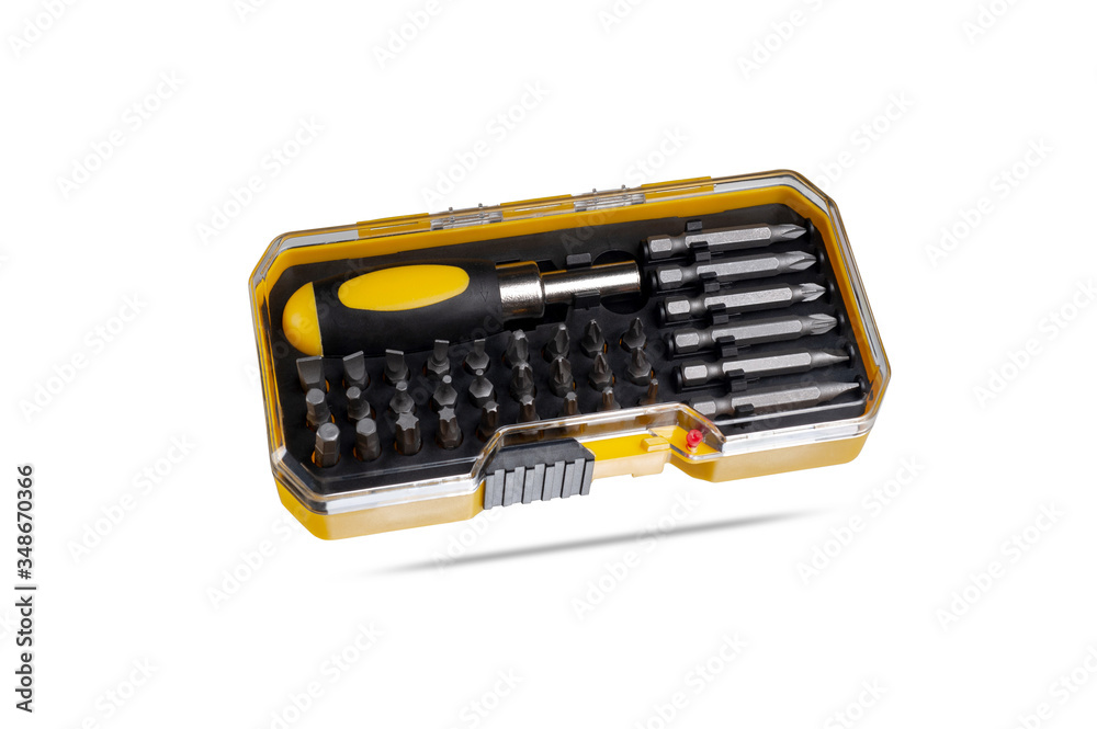 screwdriver set with nozzles in a plastic box isolated on white background screwdriver set with nozzles in a plastic box isolated on white background