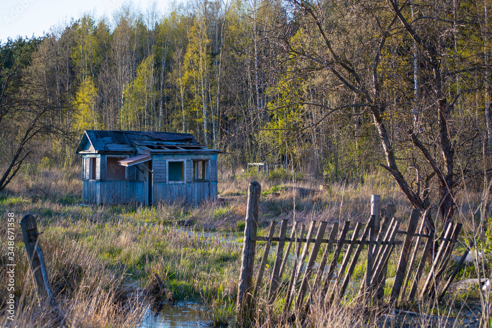 Abandoned garden plots in the spring. Collapsed wooden buildings. Abandoned garden plots in the spring. Collapsed wooden buildings.