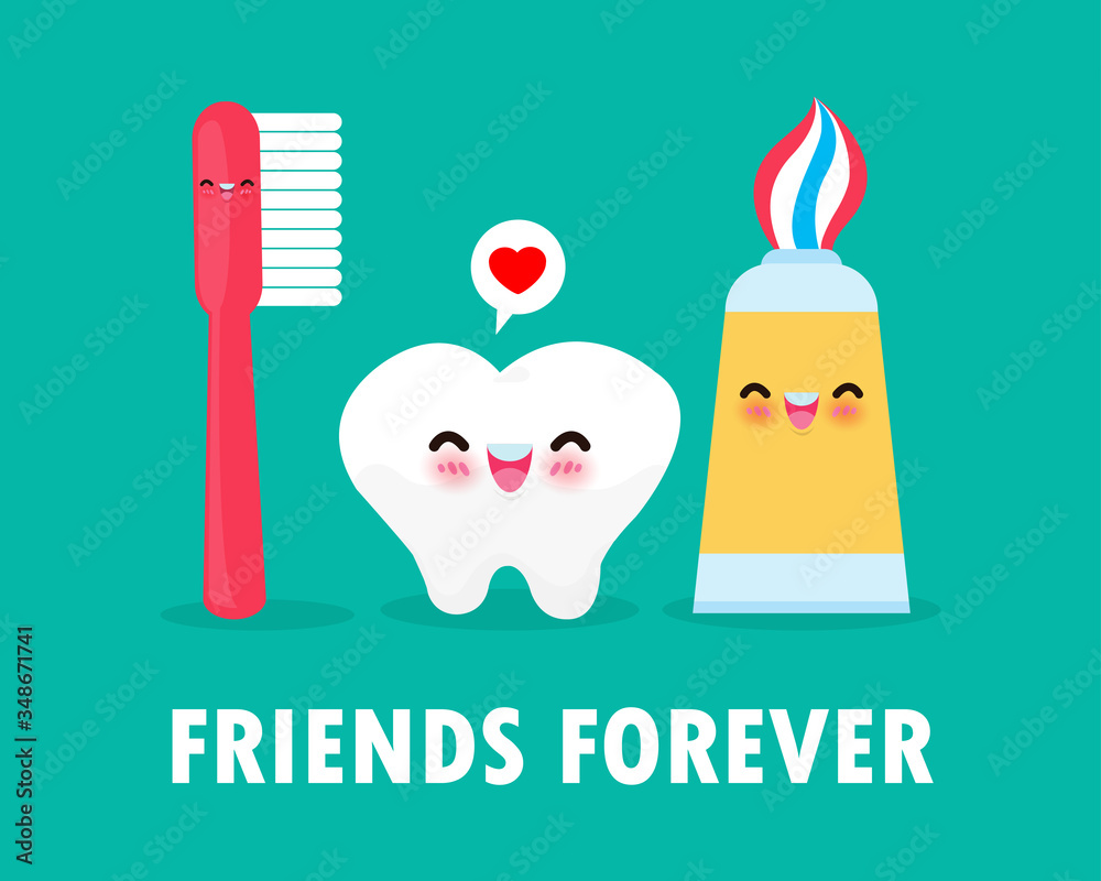 Set of dental care cute cartoon Tooth, toothpaste and toothbrush. Funny  characters poster background vector illustration in flat style with  "friends forever"greeting. Card design Stock Vector | Adobe Stock