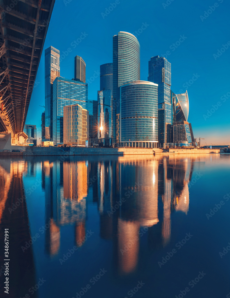 Business Center Moscow-City. Towers and their reflection in the Moscow River. Modern architecture. Moscow International Business Center 