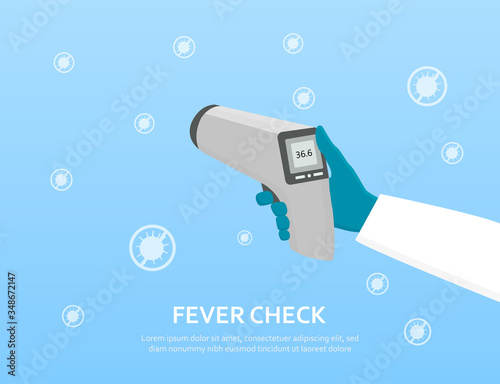 Person doing a fever check with an infrared forehead thermometer with digital readout checking for Covid-19, colored vector illustration