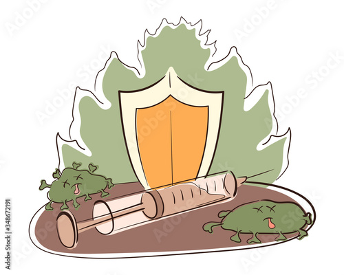 We defeated the coronavirus. Doctors have developed a vaccine against pneumonia, epidemics, pandemics, covid-19. People defend themselves and defeat the virus. Vector flat cartoon illustration.