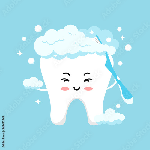 Cute tooth emoji in foam brushing himself with toothbrush.