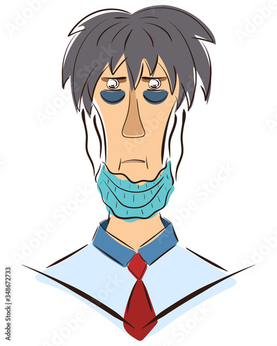 A very tired doctor with red eyes, bruises, hungry and exhausted after a shift in the hospital. In humans, a mask falls off the face during the coronavirus, covid-19. Vector flat cartoon illustration.