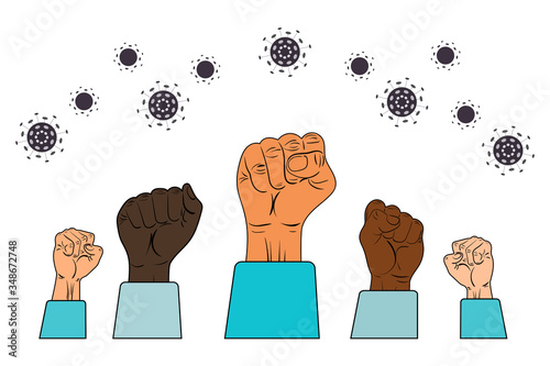 Doctors raised their hands up against a  coronavirus, epidemic, pneumonia, disease, infection. The doctor raised and holds his fists for the recovery of people. Vector flat cartoon illustration.