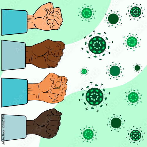 Doctors raised their hands up. Everyone fights against disease, coronavirus, epidemia, COVID-19. The doctor holds his fists for the recovery of people. Vector flat cartoon illustration.