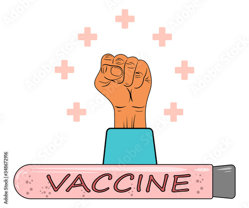 Symbol of victory over coronavirus, disease, virus, COVID-19. The vaccine was invented and the doctor raised his fist up as sign or symbols. Healing, restoration, vector flat cartoon illustration.