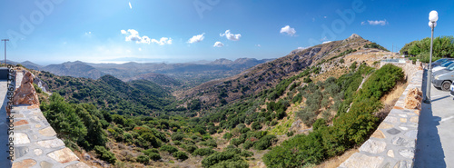 Panoramic view of the Island of Naxos from one of the viewpoints in the mountains of the center of the Island, Cyclades Archipelago, Greece.