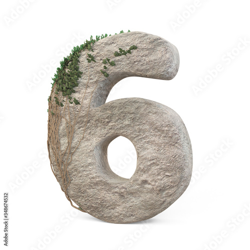 Realistic stone numbers with ivy, isolated on a white background. 3d image