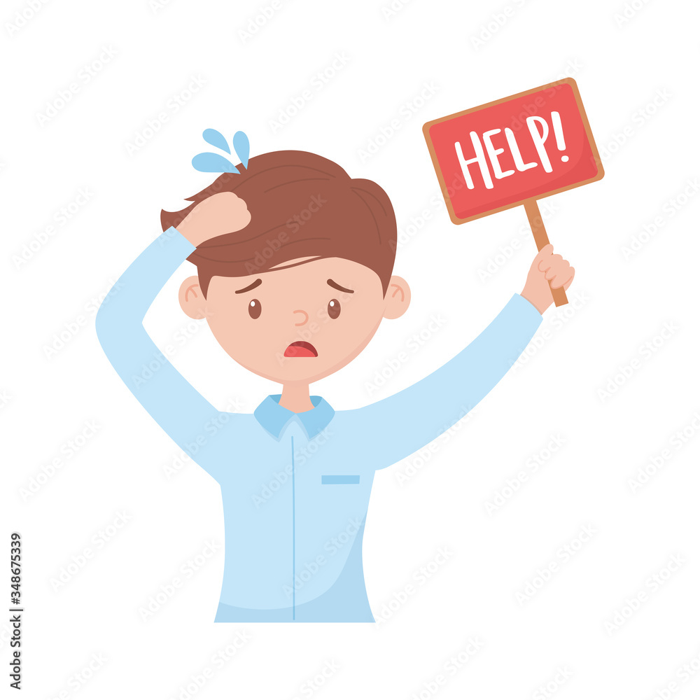 stressed worker with help placard isolated icon design