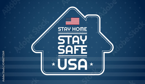 Stay Home, Stay Safe, USA - dark blue background with the United States flag and text Stay Home - to support lockdown during Coronavirus outbreak in the US - Vector illustration