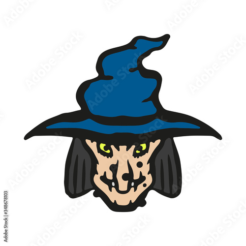Cartoon witch in a hat icon. Front view. Colored outline silhouette. Hand drawn vector graphic illustration. Isolated object on a white background. Isolate.