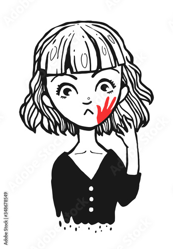Illustration for Domestic Violence Awareness Month. Girl with red slap spot. Scared woman. Hand drawn graphic illustration.