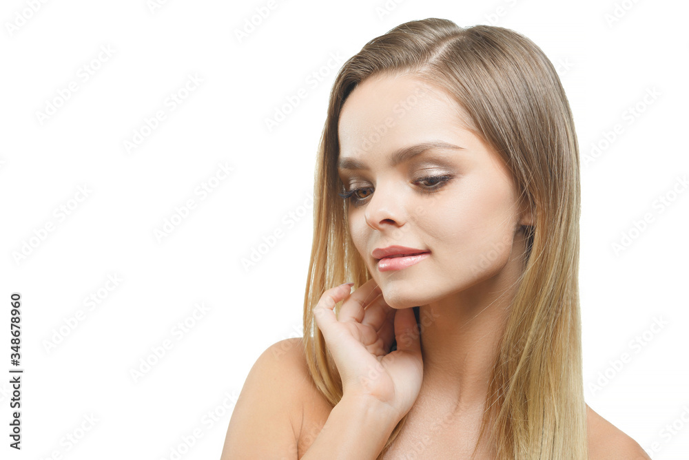 Portrait of young attractive woman with closed eyes over white background. Portrait of young attractive woman with closed eyes over white background.