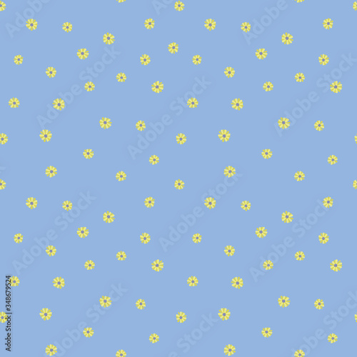 Yellow flowers seamless vector pattern on a pastel blue background. Summertime ditsy surface print design. For fabrics, stationery, and packaging.