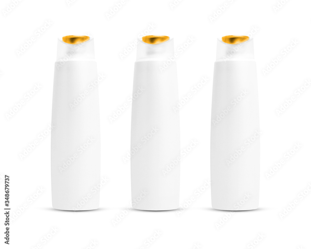 Composition of 3D rendering plastic bottle setup for mock up template. Empty plastic bottle isolated on white background ready for your design. Cosmetic bottle for cream, soaps, shampoo, or lotion