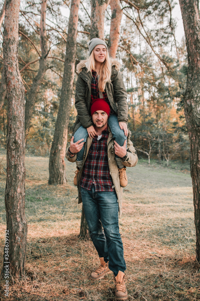 Couple travelers is so fun in the forest. Concept of trekking, adventure and seasonal vacation. Couple travelers is so fun in the forest. Concept of trekking, adventure and seasonal vacation.