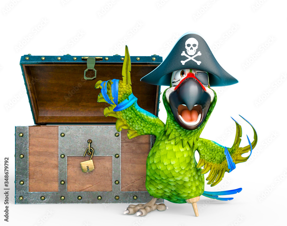 parrot pirate is talking in front of a treasure chest - obrazy, fototapety, plakaty 