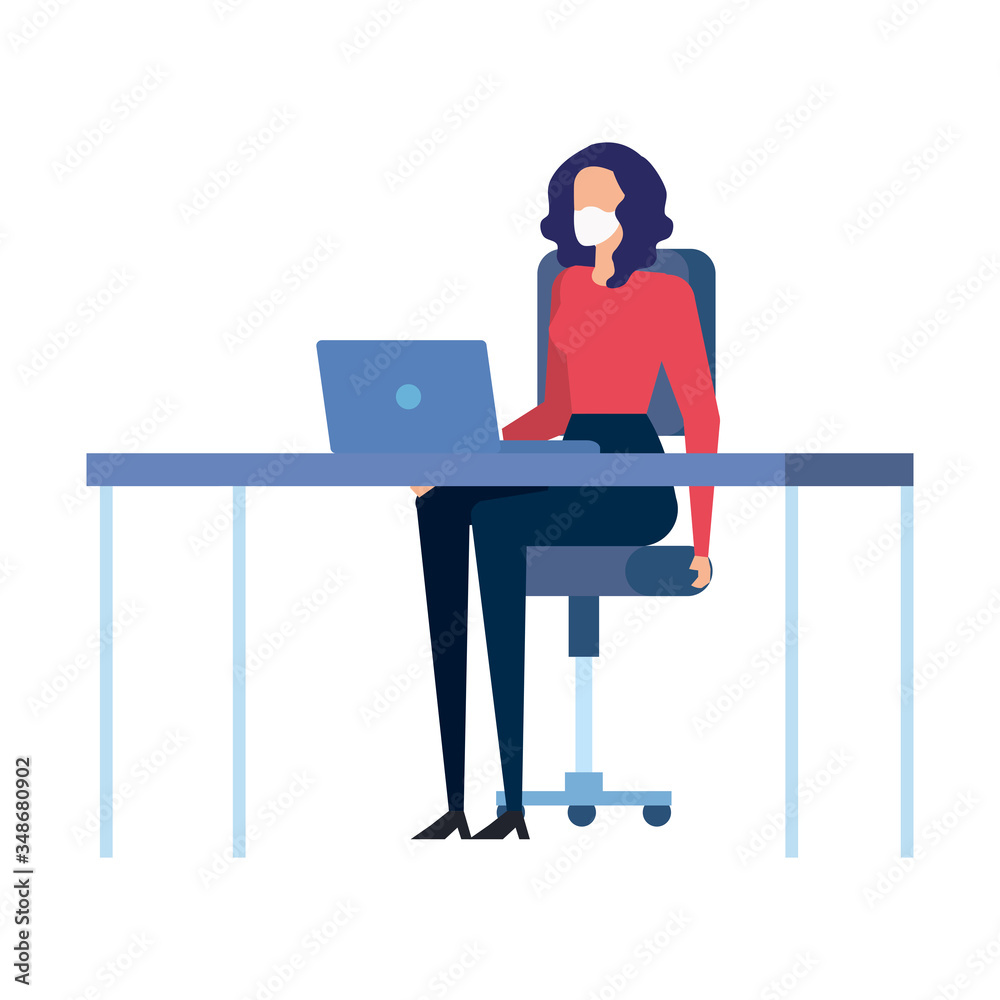 business woman using face mask in the workplace vector illustration design business woman using face mask in the workplace vector illustration design
