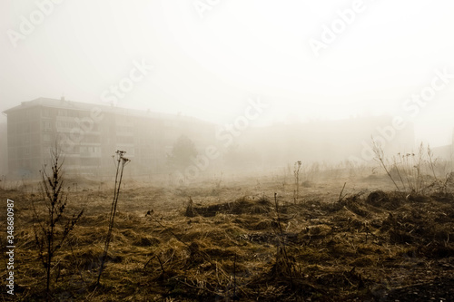 spring city landscape in fog