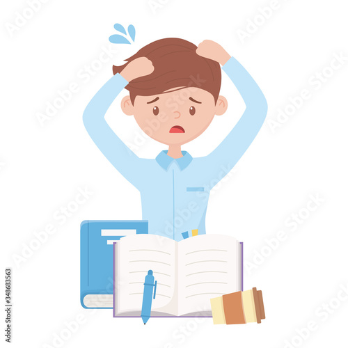 stress at work, tired employee with books pen and coffee cup