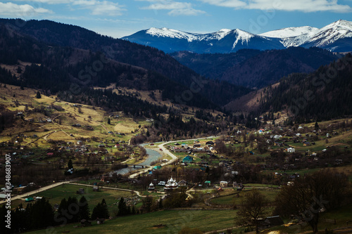 Hiking to mountain village at summer season, travel concept, Ukraine