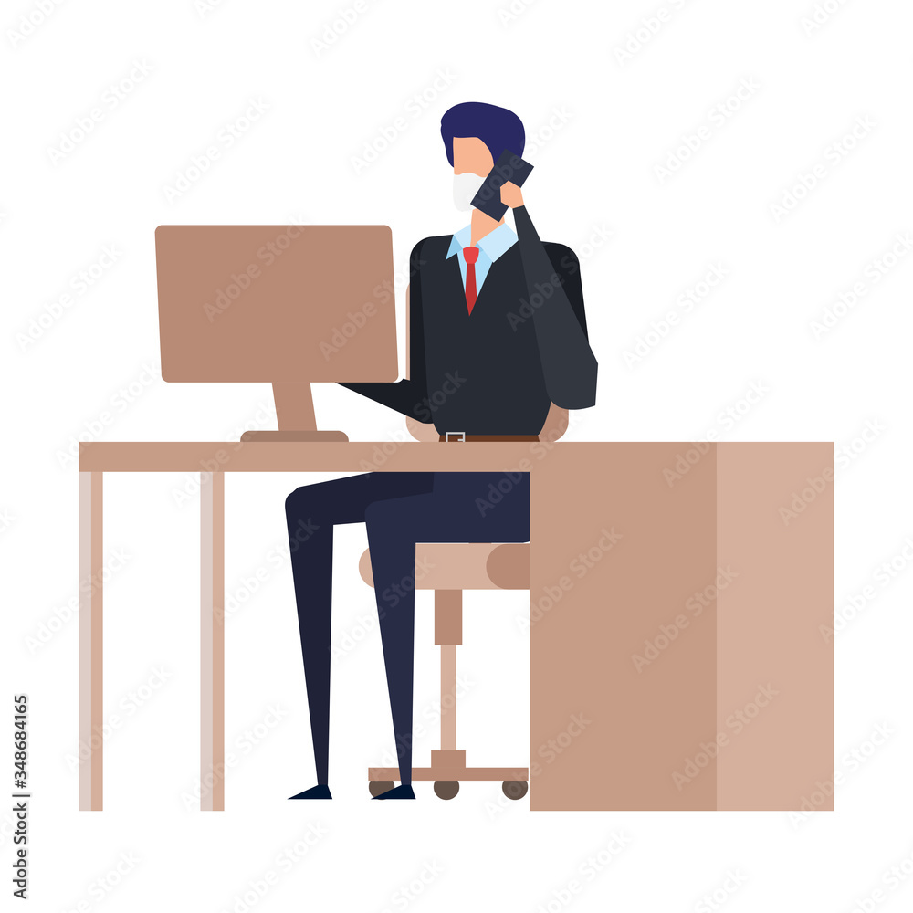 businessman using face mask in the workplace vector illustration design businessman using face mask in the workplace vector illustration design