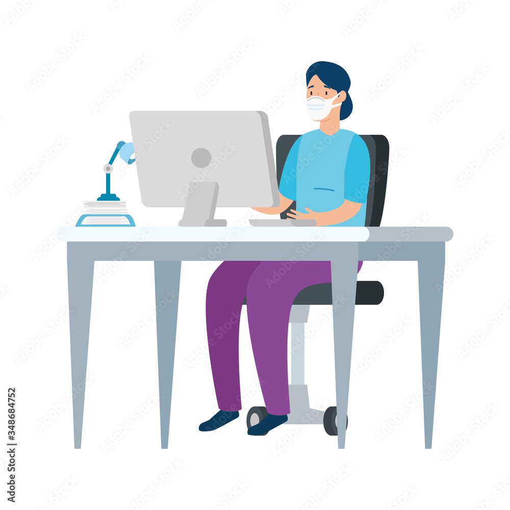 young woman using face mask in workplace vector illustration design