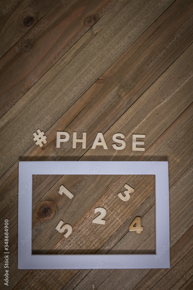 Phase plan reopen for business concept in Coronavirus Covid-19 pandemic wooden board flat lay.  Open the economy stimulus plan.