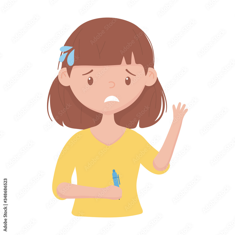 worried girl with pen in hand cartoon isolated icon design