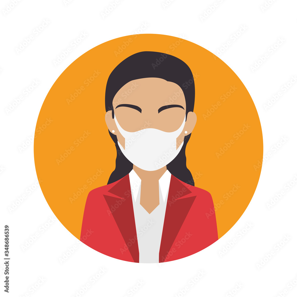 business woman using face mask in frame circular vector illustration design