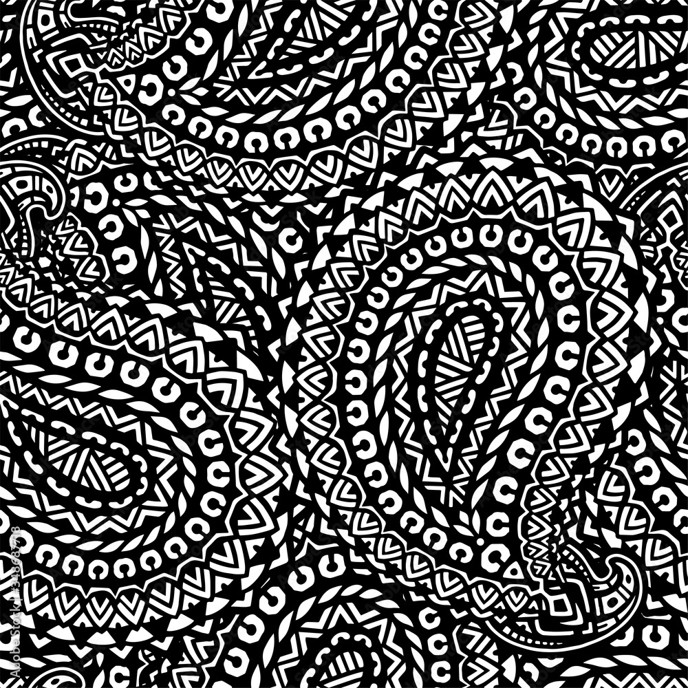 Seamless pattern based on traditional oriental paisley elements, Indian, Turkish, Persian cucumber. Suitable for textiles, fabrics, wallpapers, wrapping paper.