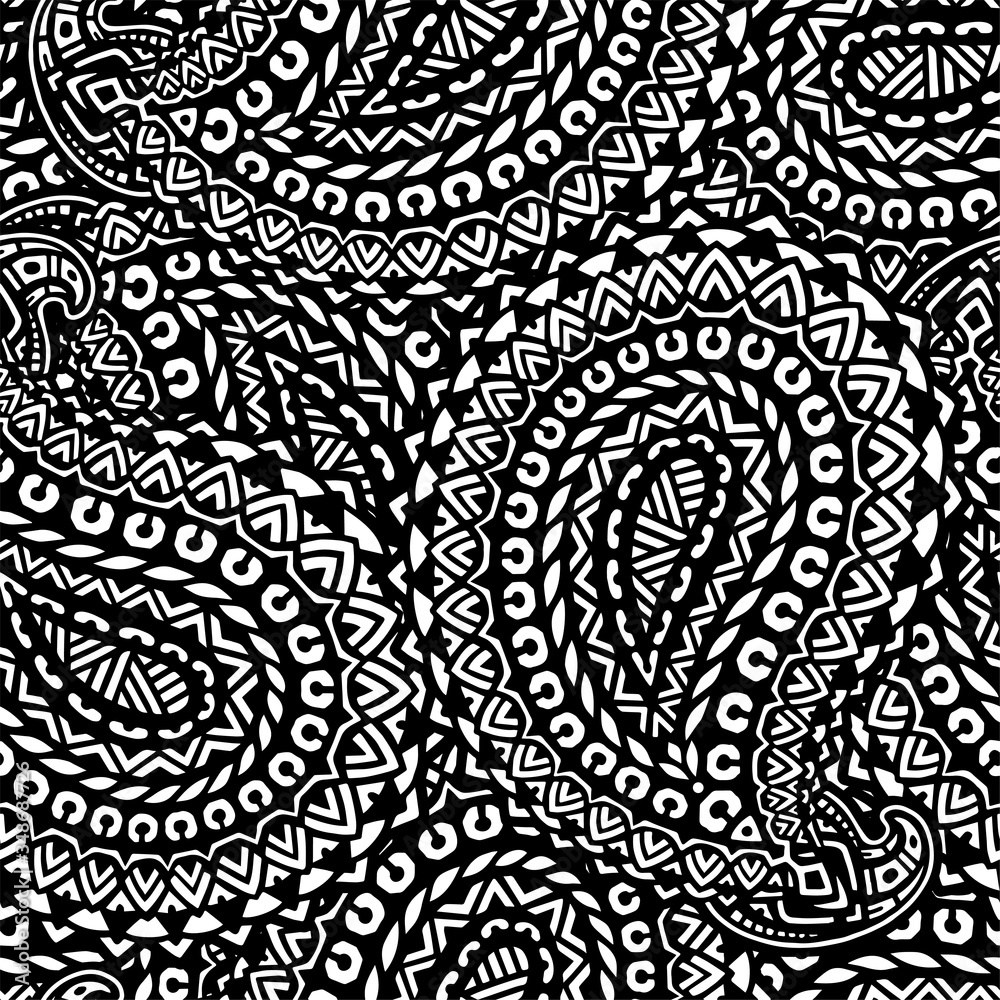 Seamless pattern based on traditional oriental paisley elements, Indian, Turkish, Persian cucumber. Suitable for textiles, fabrics, wallpapers, wrapping paper. Vector illustration.