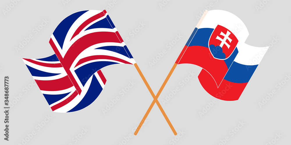Crossed and waving flags of Slovakia and the UK