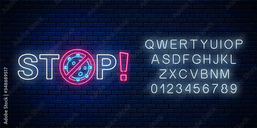 Stop text with coronavirus neon sign with alphabet. COVID-19 virus caution symbol in neon style. 2019-NCOV outbreak stop icon. Vector illustration. Shiny world pandemic alert design Stop text with coronavirus neon sign with alphabet. COVID-19 virus caution symbol in neon style. 2019-NCOV outbreak stop icon. Vector illustration. Shiny world pandemic alert design
