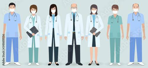 Hospital staff. Set of seven men and women doctors and nurses with medical protective masks. Medical people. Flat style vector illustration.