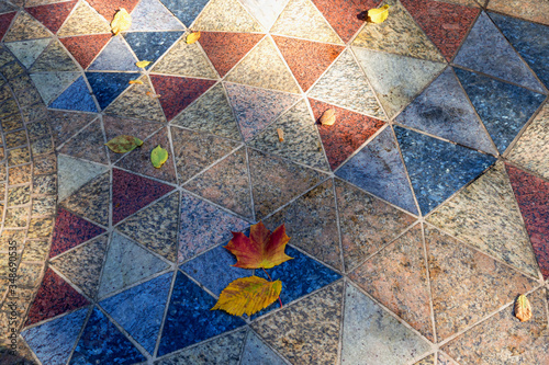 The surface of the sidewalk is made of granite or marble triangular tiles. Autumn leaves on a multi-colored stone paving of a beautiful square.