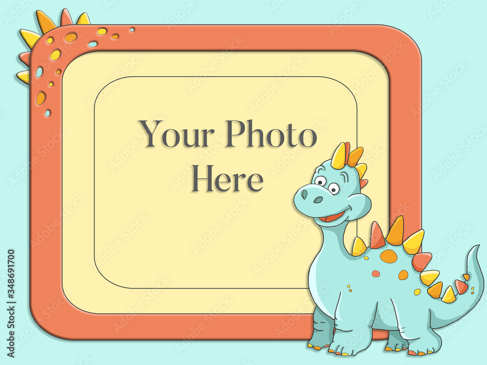 Fototapeta premium Cute funny childish cartoon nice boy girl birthday dinosaur blue pink photo frame