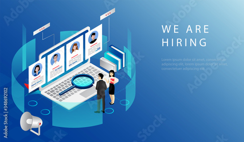 Isometric Recruitment Agency And Human Resources Concept. HR Specialists Choose Candidates For Job. Website Landing Page. Characters Searching For Professional Stuff. Web Page 3d Vector Illustration