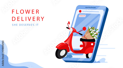 Flowers Online Order And Delivery Concept. Website Landing Page. Modern Scooter Or Motocycle With Bouquet Of Flowers On Smartphone Screen. Web Page Cartoon Linear Outline Flat Vector Illustration